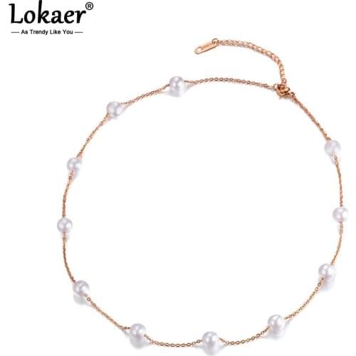 Lokaer Classic 11Pcs White Simulated Pearl Chain & Link Necklaces Jewelry Titanium Steel Chokers Necklace For Women N18009