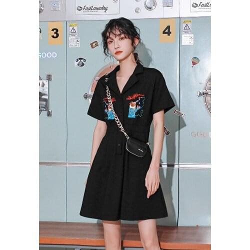 Fashion A-line Black Dress Female Summer V-neck Short-Sleeved Embroidered Single-Breasted Casual Loose Dress