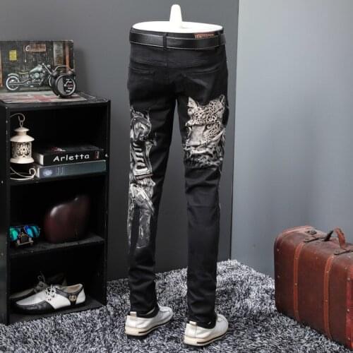 Fashion Black Printed Jeans Men Personalized Slim Fit Street Trousers Casual Elastic Straight Denim Pants Male Club Jeans