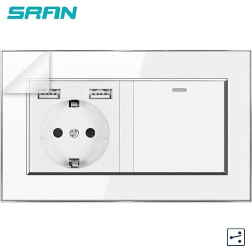 Wall 16A Multiple european plug socket with usb for home 5V 2A,Socket with Siwtch 1Gang 2Way Acrylic panel With protective film