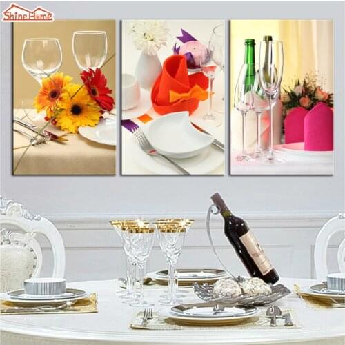 ShineHome-3pcs Wall Art Canvas Paintings Triptych Modular Red Wine Glass Flower Cutlery Picture Prints for Hotel Restaurant Deco