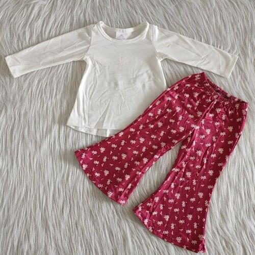 Wholesale Baby Girl Boutique Outfit Long Sleeve White Solid Color Shirt Red Flower Bell-bottomed Pants Set Kids Fashion Clothes