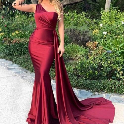 One Shoulder Simple Mermaid Formal Dress 2020 Wine Red Sleeveless Sexy Satin Evening Dresses Serene Hill BLA70368
