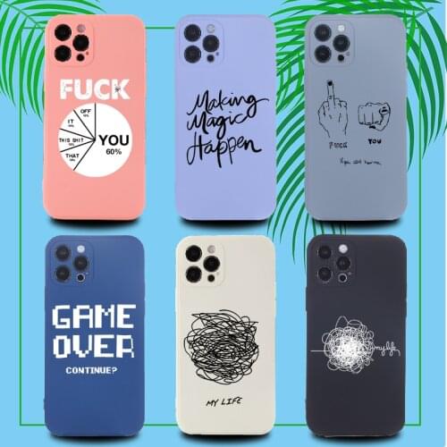 Liquid Silicon Geometry Interesting Text Phone Cover For iPhone 11 12 Pro Max Mini XS XR X 7 8P Shockproof Phone Case Coque