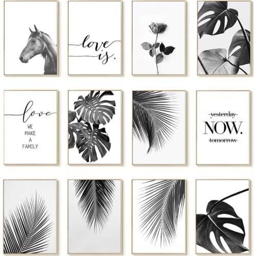 Modern Wall Art Canvas Black And White Palm Leaves Plant Horse Painting Bedroom Living Room Home Decor Aesthetic Poster Pictures