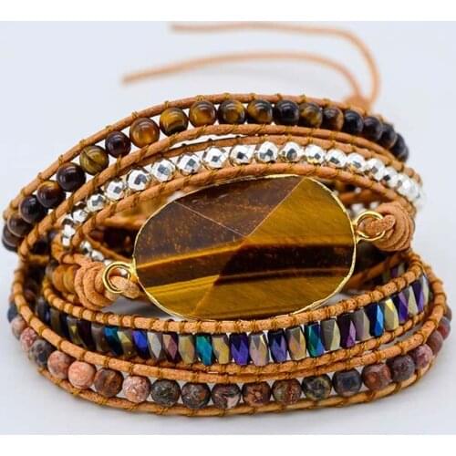 Tiger Eye Narural Stone Leather Bracelets Natural Stone 5 Strands Wrap Friendship Bracelets