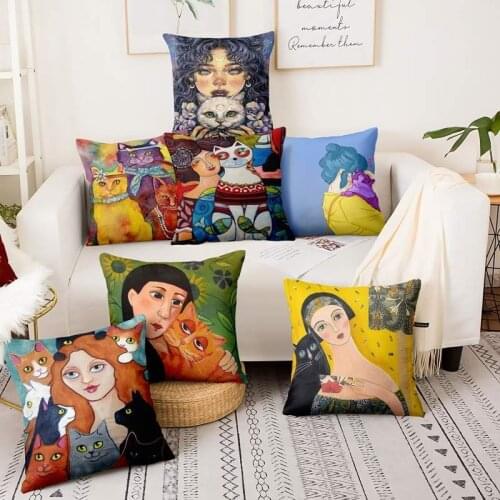 Home Pillow Decoration Cushion Decorative Pillows Girls Love Cats Oil Painting Art Print Pillowcase Home Decor Sofa Throw Pillow