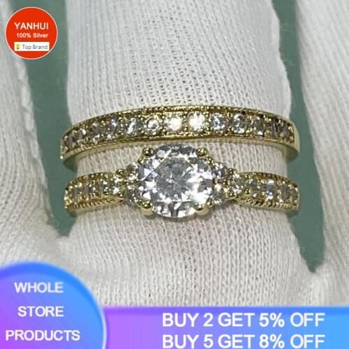 YANHUI Real 925 Sterling Silver Rings Set Charming 14K Gold Rings For Women Wedding Band Original S925 Jewelry Wtih Certificate