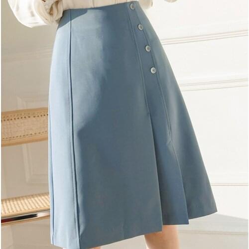 LJSXLS Irregular Button Casual Women High Waist Skirt Knee Length Fashion Office Ladies A Line Skirts Faldas 2021 Autumn Black