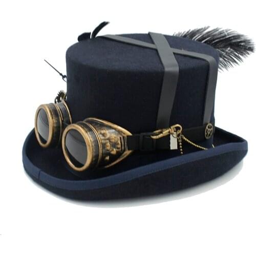Women Men Wool Handmade Steampunk Top Hat With Steam Punk Glasses Gear Feather Fedora Cosplay Party Hat 4 Size 4Color