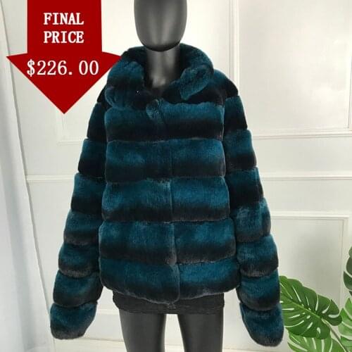 Chinchilla Color Genuine Rex Rabbit Fur Coat Jacket Women Winter Latest Design Overcoat Stand Collar Outwear Middle Length