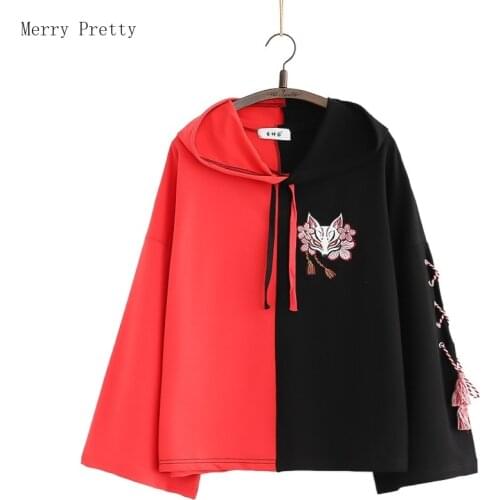 Women Cotton Hooded Sweatshirts Japanese Style Cartoon Embroidery Patchwork Hoodies 2021 Summer Flare Sleeve Drawstring Pullover