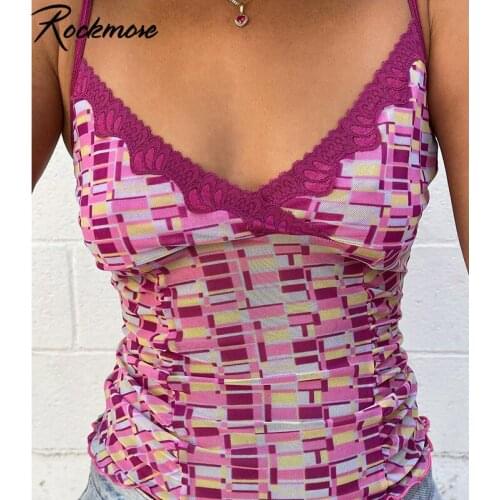 Rockmore Graphics Lace Frill Crop Top Women V Neck Spaghetti Strap Tank Top Y2k Aesthetic Corset Camis Female Harajuku Summer