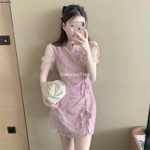 2021 chinese dress women sexy qipao dress pink lace short sleeve qipao party club cheongsam oriental elegant evening dress