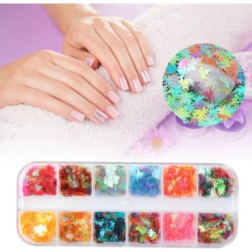 12cells /box Flakes Paillette Iridescent Maple Leaf Nail Sequins Glitter Flakes 3D Colourful Nail Art Decorations