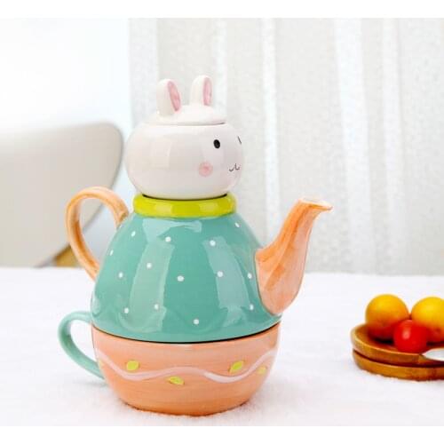 3D Baby Elephant Rabbit Cluttered Kettle Teakettle 3 Pcs Set With 2 Mugs And Tea Infusers Strainer Kids Coffee Milk Pot Cup Bowl