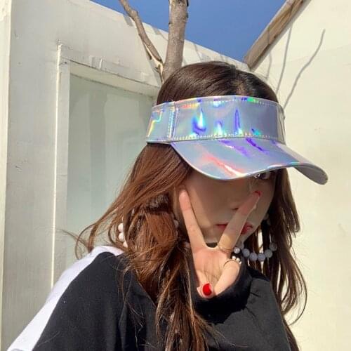 Minimalist Unisex Faux Leather Empty Top Baseball Cap Metallic Rave Hologram Reflective Hip-Hop Wide Brim Adjusted Sun Visor Hat