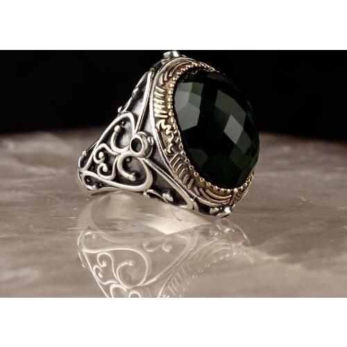 Zircon 925 Silver Engraved Traditional Handmade Turkish Signet Ring Jewelry Gift for Women Men