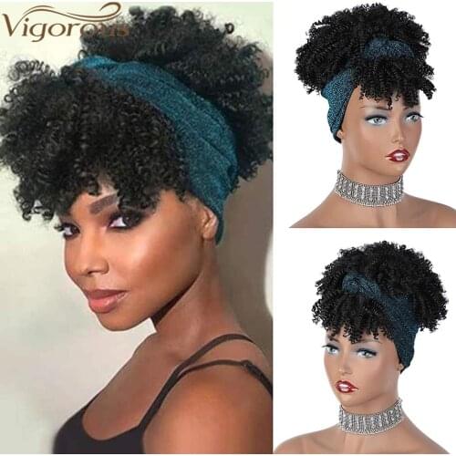 Vigorous Synthetic Short Headband Wigs Black Afro Kinky Curly Wig with Bangs Blue Turban Head Wrap Wigs for Women