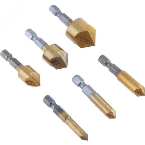 6pcs Hexagon Shank Titanium Five Edge Chamfer Chamfering Drill Cutter Bit with 6 / 8 / 9 / 12 / 16 / 19mm for Woodworking NEW