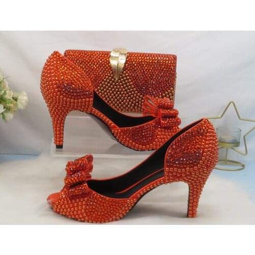 Loveincrystal New Orange Bride Wedding Shoes With Bag Set Summer Open Toe Party Dress Shoes For Bridesmaid Pearl Sandals Handbag