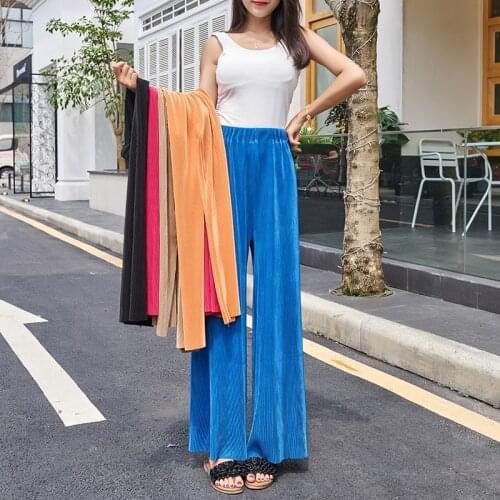 M-7XL Plus size 2021 Wide-leg Womens Pants High Waist White Black pleated Pants Casual Ice Silk Pants Women Bohemia Trousers