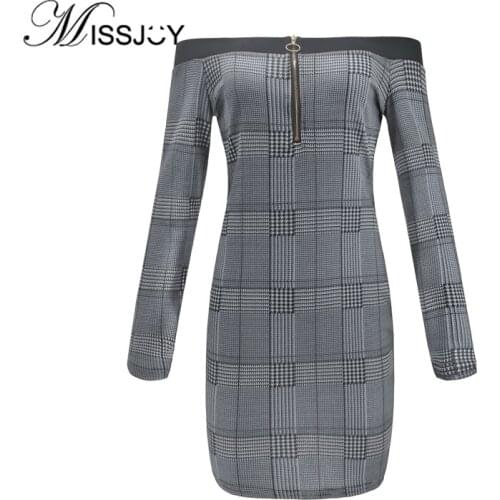 MISSJOY 2020 Spring Pencil Office Women Dresses Long Sleeves Off The Shoulder Plaid Printed Work Ladies Elegant Bodycon Slim