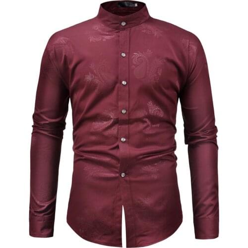 Paisley Print Wine Red Shirt Men 2020 Brand Long Sleeve Mandarin Collar Shirt for Men Wedding Party Tuxedo Shirts Chemise Homme