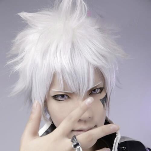 Mens BLEACH Hitsugaya Toushirou Short Silver White Layered Fluffy Synthetic Cosplay Hair Wigs Heat Resistance Fiber +wig cap