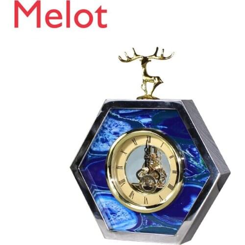 Golden Edge Blue Agate Pattern Deer Desk Clock Creative Home Wine Cabinet Bedside Decoration Clock Decoration 3d wall clock