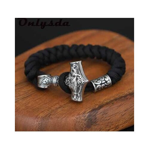 Stainless Steel Cowhide Bracelet Viking Scandinavian Norse Mens Bracelet Thors Hammer Mjolnir Fashion Boyfriend Gift OSL264
