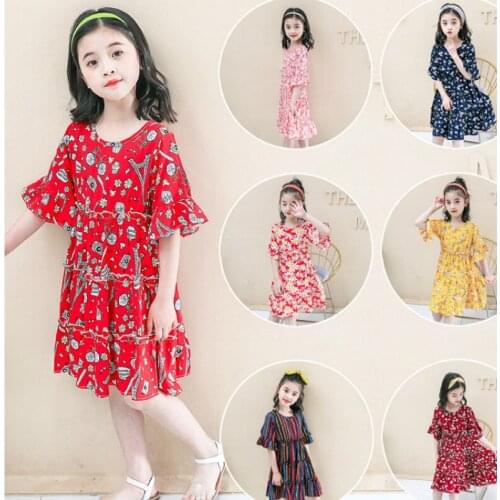 2020 New Summer Toddler Girl Dress Boho Childrens Clothes Cotton Flare Sleeve Baby Girl Dress Girl Strip Floral Princess Dress