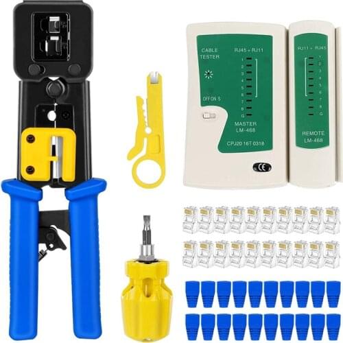 RJ45 Crimp Tool Kit P Thru Cat5 Cat5E Cat6 RJ45 Crimping Tool with 20PCS RJ45 Cat6 P Through Connectors and Covers