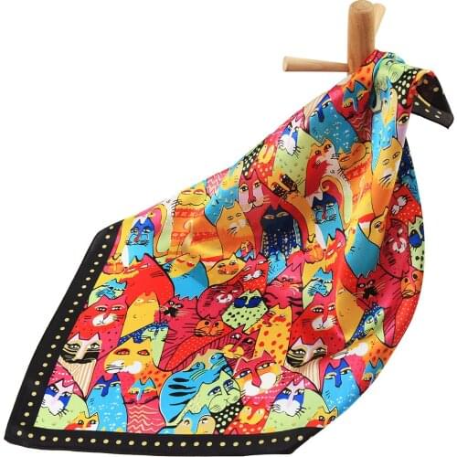 Pure Silk Scarf Women Bandana Cat Print Handkerchief Female Hair Scarf Womens Natural Silk Square Headband Animal Neck Scarf