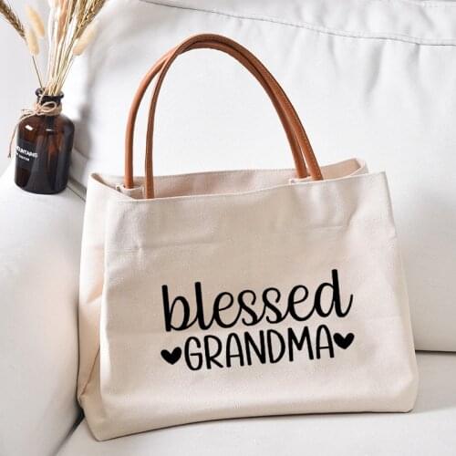 Blessed Grandma Printed Women Lady Beach Bag Canvas Tote Bag Handbag Work Bag Shopping Bag Gift for Grandmother Dropshipping