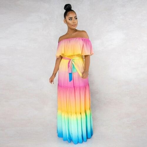 Rainbow Changing Color Maxi Party Dress with Belt Ruffle Off Shoulder Long Summer Casual Dresses Women XXL
