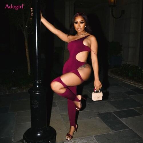 Adogirl Side Cut Out Women Sexy Jumpsuit One Shoulder Straps One Piece Solid Overall Stretchy Slim Clubwear Female Romper