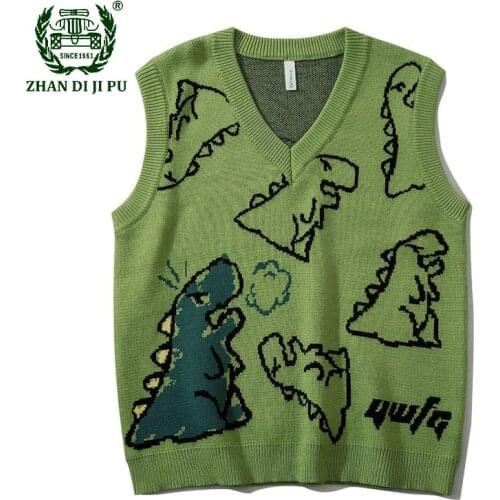 Harajuku Knitted Sweater Vest Mens Fashion Cartoon Dinosaur Pattern Pullover V-neck Oversized Loose Casual Couples Sweaters 2021