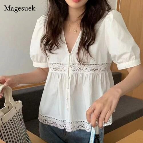 Korean Summer Short Sleeve Women Tops 2021 V Neck Hollow Out Woman Blouses Lace Stitching Loose Solid Female Shirt Blusas 14244
