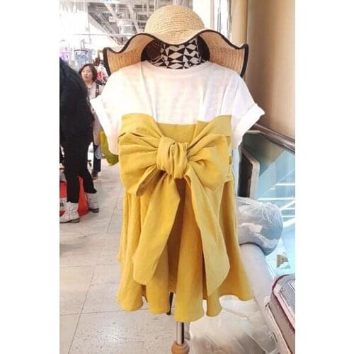 Korea 2021 Spring and Summer Womens New Korean Style Stitching Bow Casual Short-sleeved T-shirt Top Trend