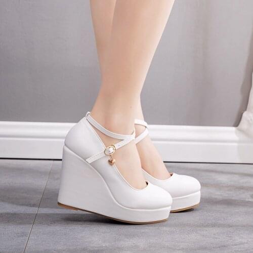 Women High Heels Shoes Plus Size Platform Wedges Female Pumps Womens Flock Buckle Ankle Strap Woman Wedding Shoes
