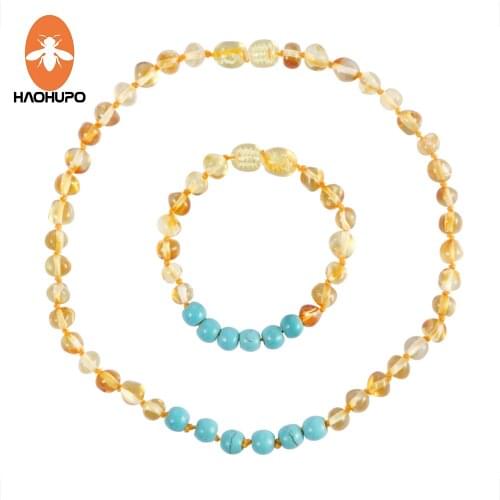HAOHUPO Baltic Amber Teething Bracelet / Necklaces with Natural Turquoise Women Jewelry Original Choker Handmade Design Jewelry