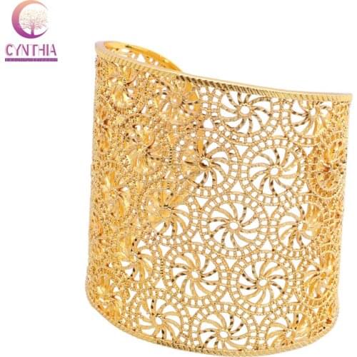 CYNTHIA Golden Bangles for Women Wide Bracelet Arabic Bridal Hand Bangles Jewelry Middle East Fashion Open Cuff Bracelet
