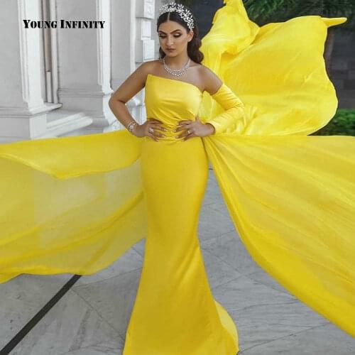 New Arrival One Shoulder Yellow Satin Prom Dress 2021 Luxury Ribbons Long Evening Gown Saudi Arbia Lady Formal Wear Plus Size