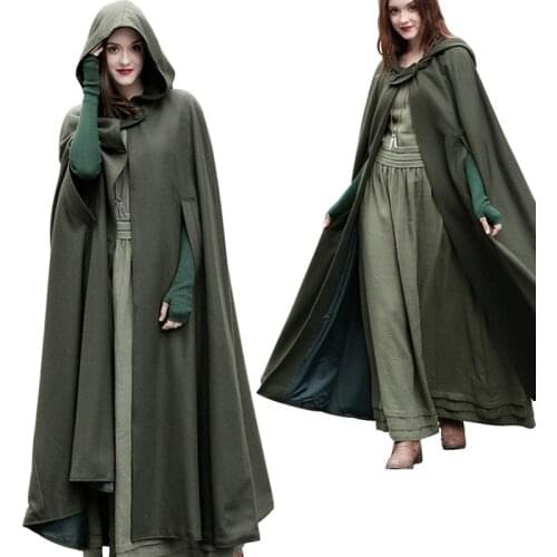 Women Maxi Hooded Coat Cloak Medieval Forest Ranger Druid Elven Witch Cosplay Costume Outwear SCA Larp Faire Capelet For Girl