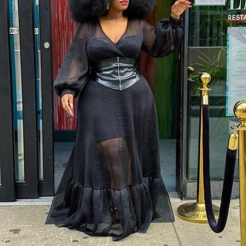 Women Sexy Dress Black MeshV Neck See Through Long Sleeve African Women Party Falbala Plus Size Two Piece Maxi Dress Sheer Chic