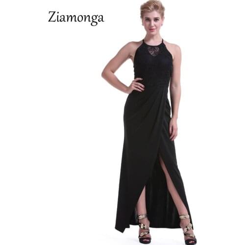 Ziamonga High Split Halter Neckline Elegant Party Embroidery Lace Dresses Splits Backless Formal Dress Women Summer Maxi Dress