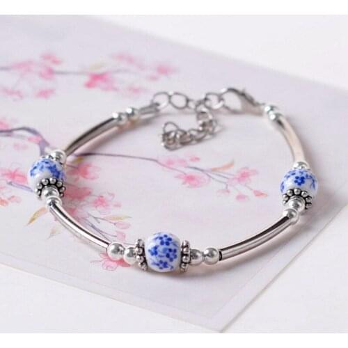 12 Pieces/Lot Beads Charm Bracelets For Women Flower Antique Silver Color Ceramic Bracelet Bangles Link Chain Fashion Jewelry