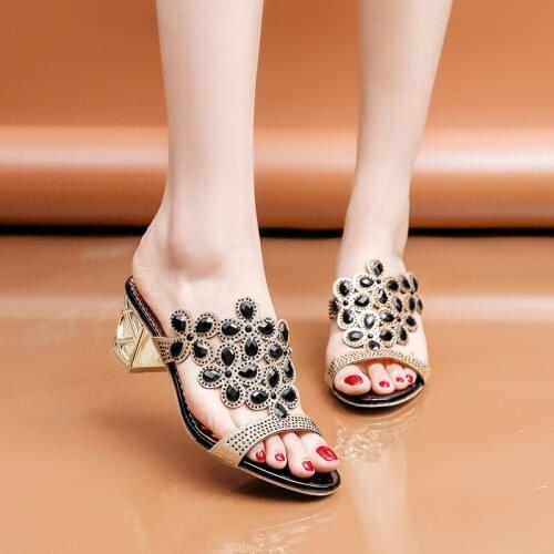 2021 fashion Women Summer Rhinestone Slipper Sexy Hollow Out Chunky High Heels Sandals Crystal Party Shoes Woman Flip Flops