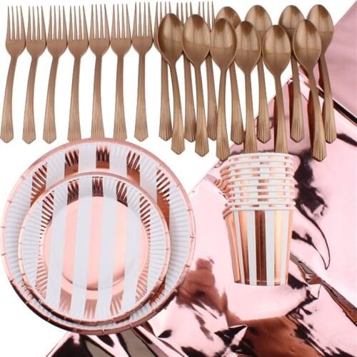 51Pc/Set Stripe Rose Gold Theme Disposable Tableware Birthday Decoration Baby Shower Plate Cup Napkins Tablecloth Party Supplies